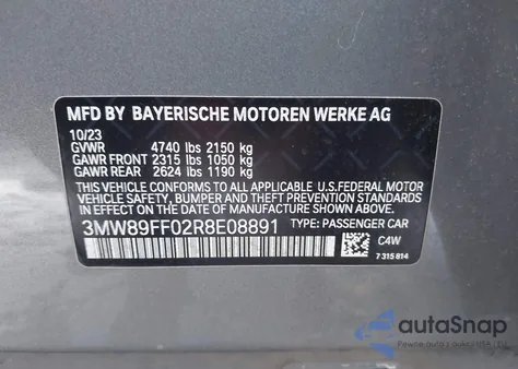 2024 BMW 330I xDrive из США, поврежденный, VIN 3MW89FF02R8E08891